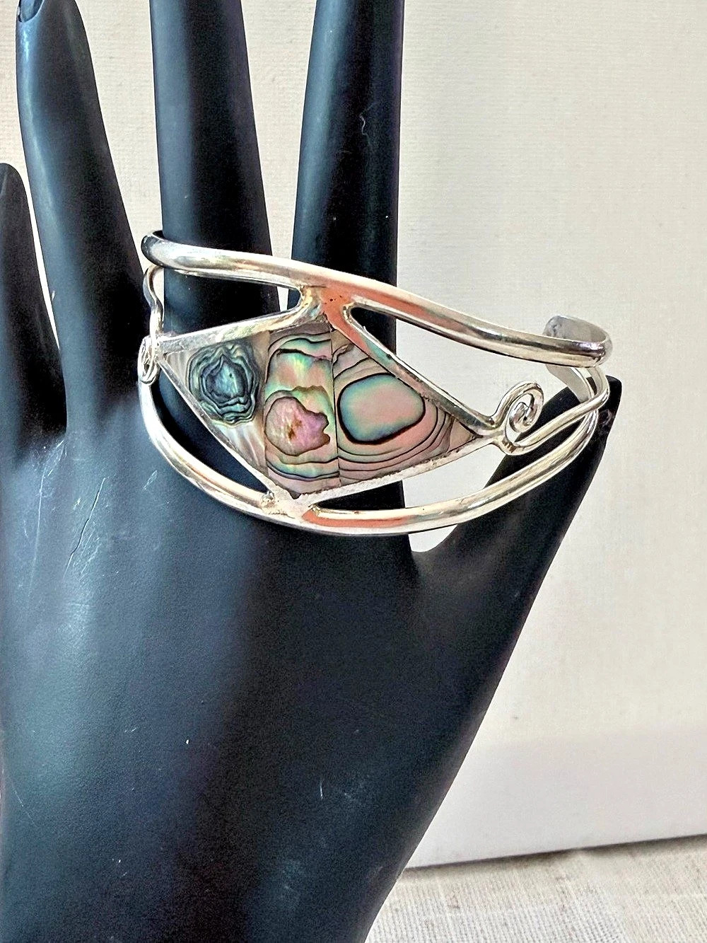 Vintage Mexican Alpaca Silver Abalone Shell Diamond Cuff Bracelet